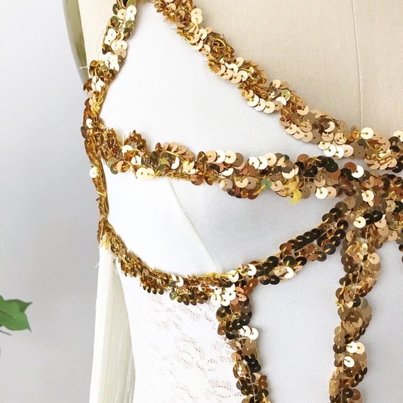 Vintage Fringe Back Bodysuit Sequin White Lace S - Picture 10 of 10